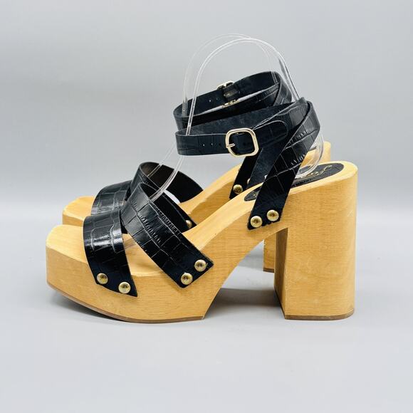 Free People Sandals Womens 10 Black Wood Platform Ankle Strap Block Heel - Picture 5 of 13